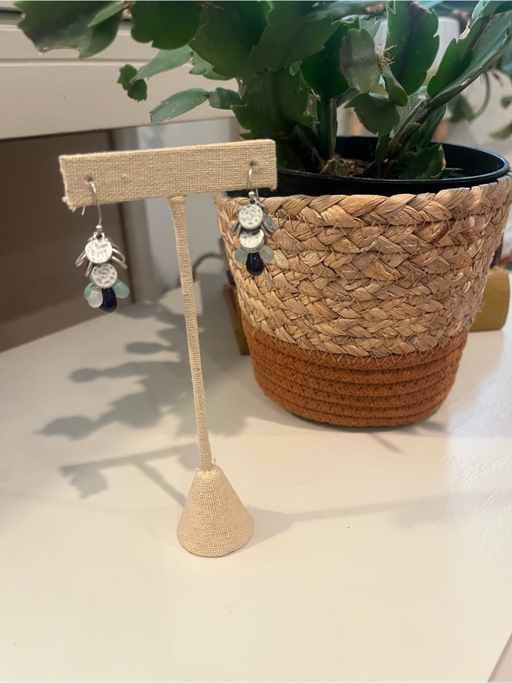 Coldwater Creek  Silver Drop Earrings with Navy and Light Blue Beads